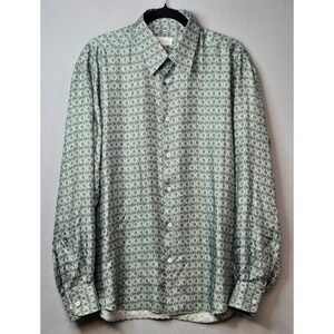 Vintage Brioni Mens Large Silk Dress‎ Shirt Green Blue Geometric Made In Italy